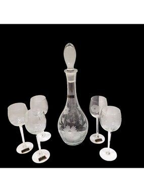 Toscany 1960s Crystal Decanter 5 Stemware Romania Etched Daisy Leaf Motif